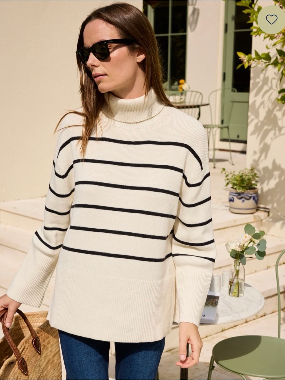 Cream Striped Turtleneck Sweater - Women's Relaxed Fit